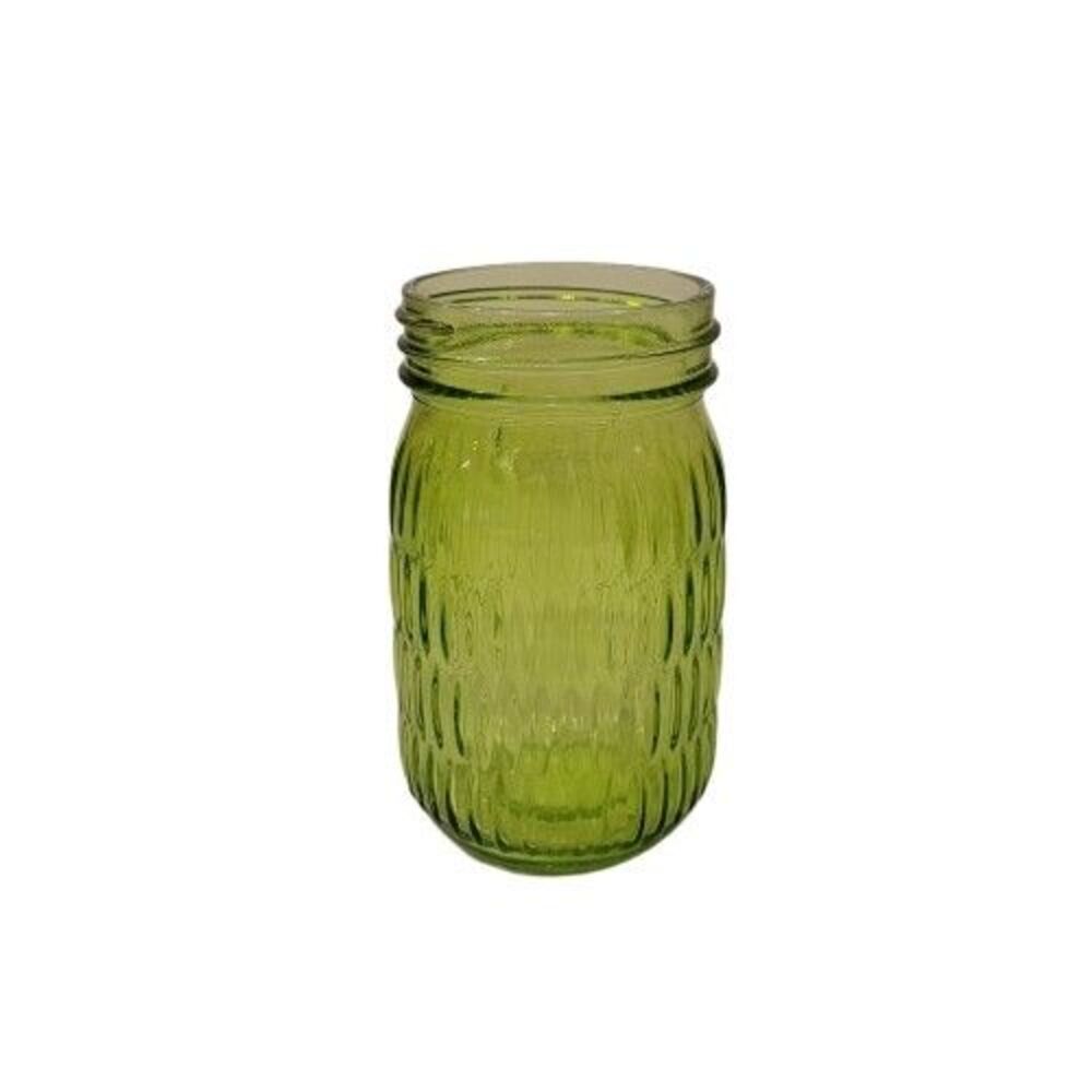 Mason Jar Pint Vase – Textured Pattern – Green – 5.25" Glass Jar Decor